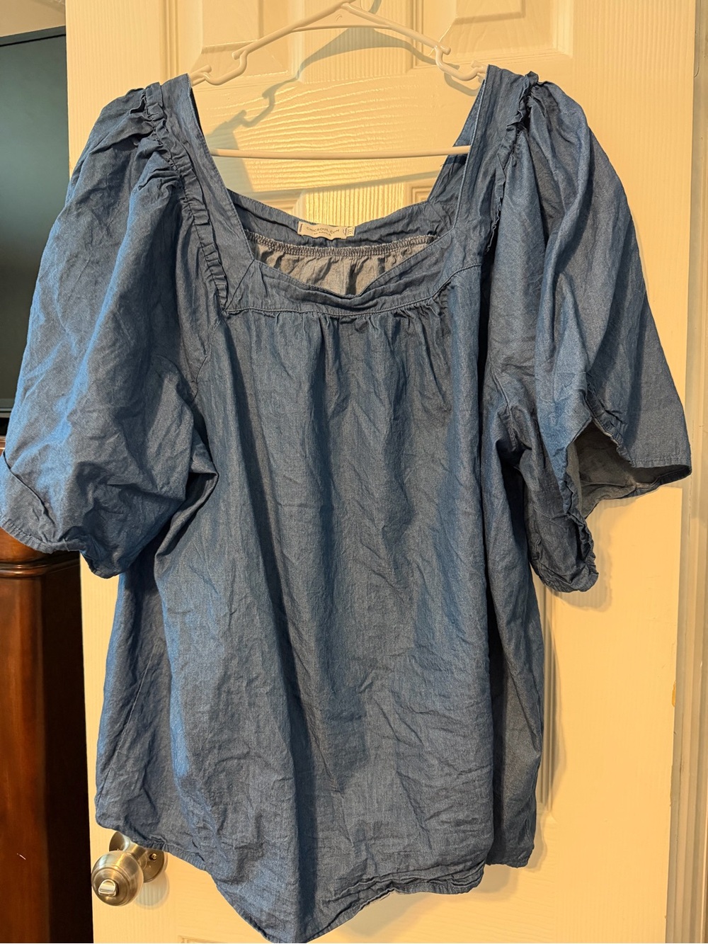 Denim Puff-Sleeve Square-Neck Women's Top